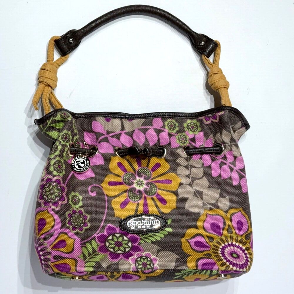Spartina 449 Linen Purple Yellow Tan Floral Shoulder Bag Purse 12”x10”x6” (P2)